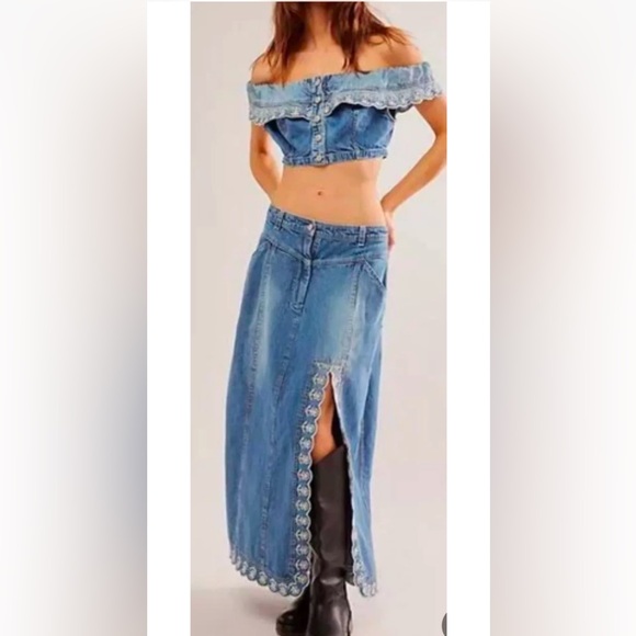 Free People Kora Set Denim Off The Shoulder Top Skirt Embroidered Trim Blue - Picture 4 of 9